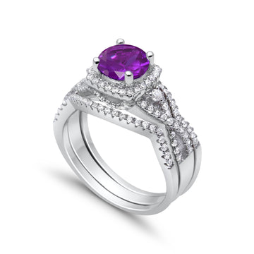 Three Piece Wedding Ring Simulated Amethyst CZ 925 Sterling Silver
